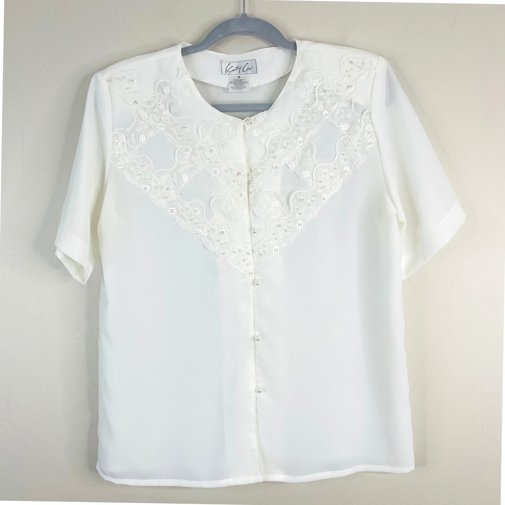 Vintage Dainty Pearl Button Top Womens 8 Beaded Embroidered Sequin Party Career